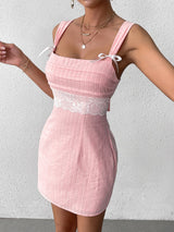 Tie Backless Lace Spliced Ruched Bust Mini Dress