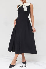 Two Tone Bow Tie Ruffle Midi Dress