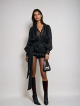 cornelia V Neck Lace Bow Mini Dress in black