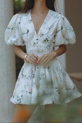 venus v-neck floral print puff sleeve mini dress