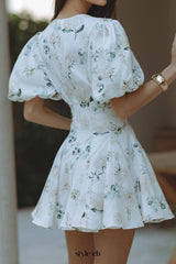 venus v-neck floral print puff sleeve mini dress