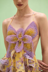 mavis Embroidered beaded hibiscus print halter neck long chiffon maxi dress - purple / yellow