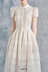 Lace hollow embroidery midi dress in apricot