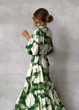 letitia Lantern sleeve printed lapel maxi dress in green