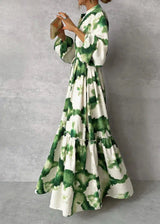 letitia Lantern sleeve printed lapel maxi dress in green
