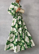 letitia Lantern sleeve printed lapel maxi dress in green