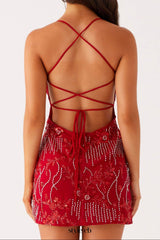 Vietta Sequin Cami Mini Dress in Red