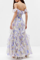 helen Floral Frill Off-Shoulder Maxi Dress in blue