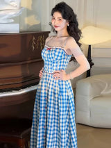 virginia plaid strap maxi dress in blue