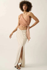 Curve Matte Satin Buttoned Maxi Skirt