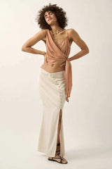 Curve Matte Satin Buttoned Maxi Skirt
