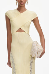 Yellow Knit Lace Insert Midi Dress