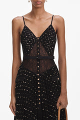 Lace Dot Belted Pleated Maxi Dress