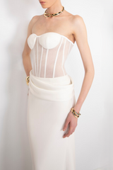 priscilla Strapless Veiled Corset Maxi Dress in white