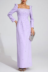 lynn Square neck beaded rhinestone maxi dress - purple