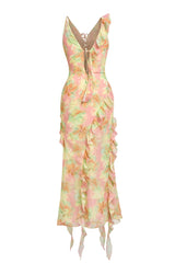 jessie Tie Dye v-neck Ruffle Tie-Up Midi Dress - green