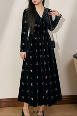 yuri v-neck Floral Embroidered Velvet maxi Dress in black
