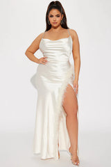 Isabella Feather Trim Satin Gown in Cream