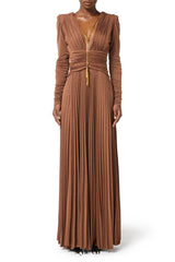 meroy Deep V puff sleeve pleated maxi dress in brown