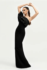 rosemary Black Pearl Embellished Draped strapless maxi dress