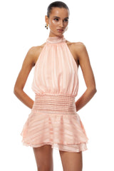 jane Halterneck Pleated Chiffon Mini Dress in pink