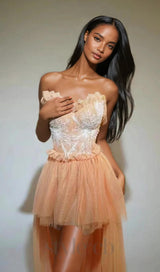 Kalene Strapless Ruffle Tulle Dress In Apricot