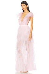 ruffle tulle atop floral lace mini dress in pink