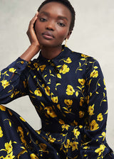 sophia floral shirt midi dress in navy yellow