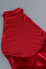 michaelia halterneck Fringe Velvet Dress in Burgundy