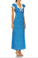 lyuba polka dot Lace-trimmed V-neck maxi dress in blue