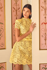 hollow lace bow belt mini dress in yellow