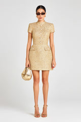 tiffany pearl-embellished tweed mini dress in gold