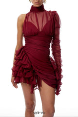 joanne Asymmetrical Ruffled Tulle Mini dress in Burgundy