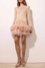 murray pale pink sequin feather trim backless mini dress