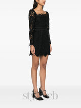 floral-motif hollow lace mini dress in black