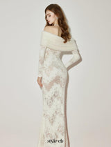 julia Off-Shoulder Fur Collar Long Sleeve lace maxi dress in white