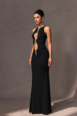 Crystal Embellished Cutout Maxi Dress in black