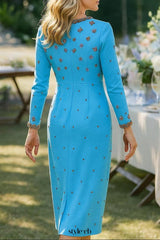 meroy square neck floral Beading Embroidery maxi dress in sky blue