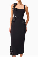 sabrina 3d flower Midi Dress in Black