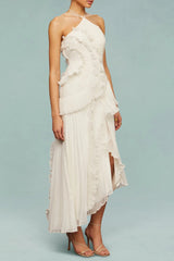 alva Sleeveless Folds Slit Maxi Dress in light white