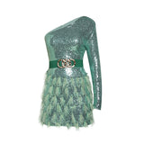 ONE-SHOULDER FEATHER SEQUINS MINI DRESS