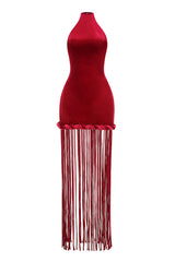 michaelia halterneck Fringe Velvet Dress in Burgundy
