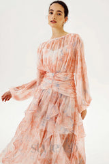 puff long sleeve tiered ruffle hem maxi dress in pink