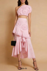 nina Ruffled strapless top floral embroidered mermaid skirt set - pink