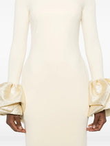 rachel white ruffled crystal-embellished crepe mock-neck gown