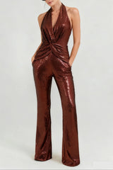 nora brown Sequin halterneck deep V high waist flared jumpsuit