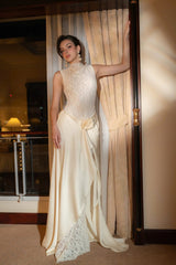 giselle flower embellished sleeveless lace maxi dress in white