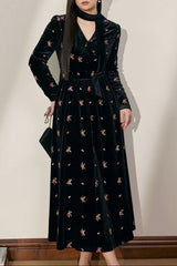 yuri v-neck Floral Embroidered Velvet maxi Dress in black