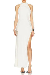 sharon halter backless high slit diamond maxi dress in white