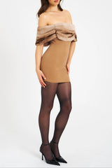 Turmeric Off Shoulder Fur Trim Mini Dress